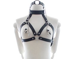Nooitmeersaai - Harnas Vrouw - Leer - Halsband en Tepelklemmen - Zwart - BDSM - Bondage Harnas