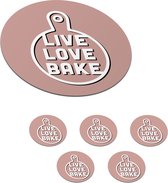 Onderzetters voor glazen - Rond - Live love bake - Pan - Quotes - Spreuken - 10x10 cm - Glasonderzetters - 6 stuks