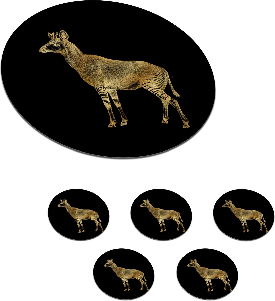 Onderzetters voor glazen - Rond - Vintage - Okapi - Goud - 10x10 cm - Glasonderzetters - 6 stuks