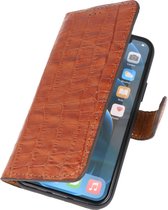 iPhone 13 Krokodil Handmade Leer Booktype Hoesje - Portemonnee Wallet Cases - Lederen Telefoonhoesje - Bruin