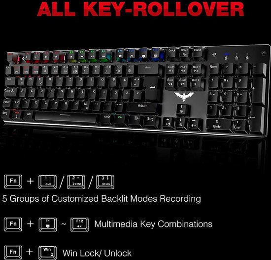 TECURS Mechanical Gaming Keyboard, QWERTZ Mechanical Keyboard with Magnetic Wrist Rest, Multimedia Keys, 105 Keys, Wired Red Switch, Keyboard for PC/PS5 /PS4, 19 LED Modes