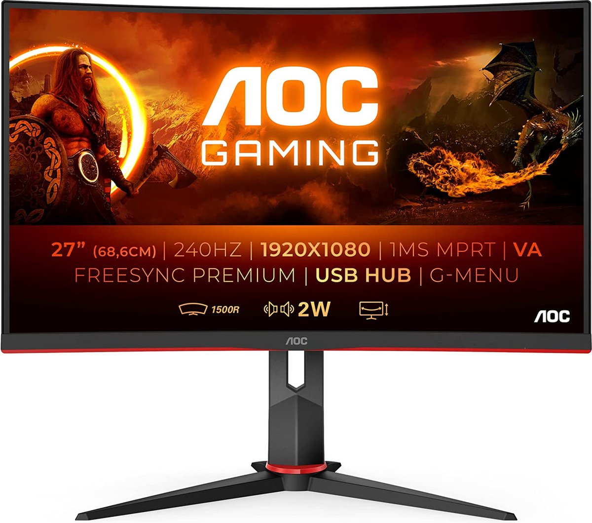 AOC C27G2ZU - Full HD Curved Gaming Monitor - 240hz - 0.5ms - 300 nits - 27 Inch - AOC