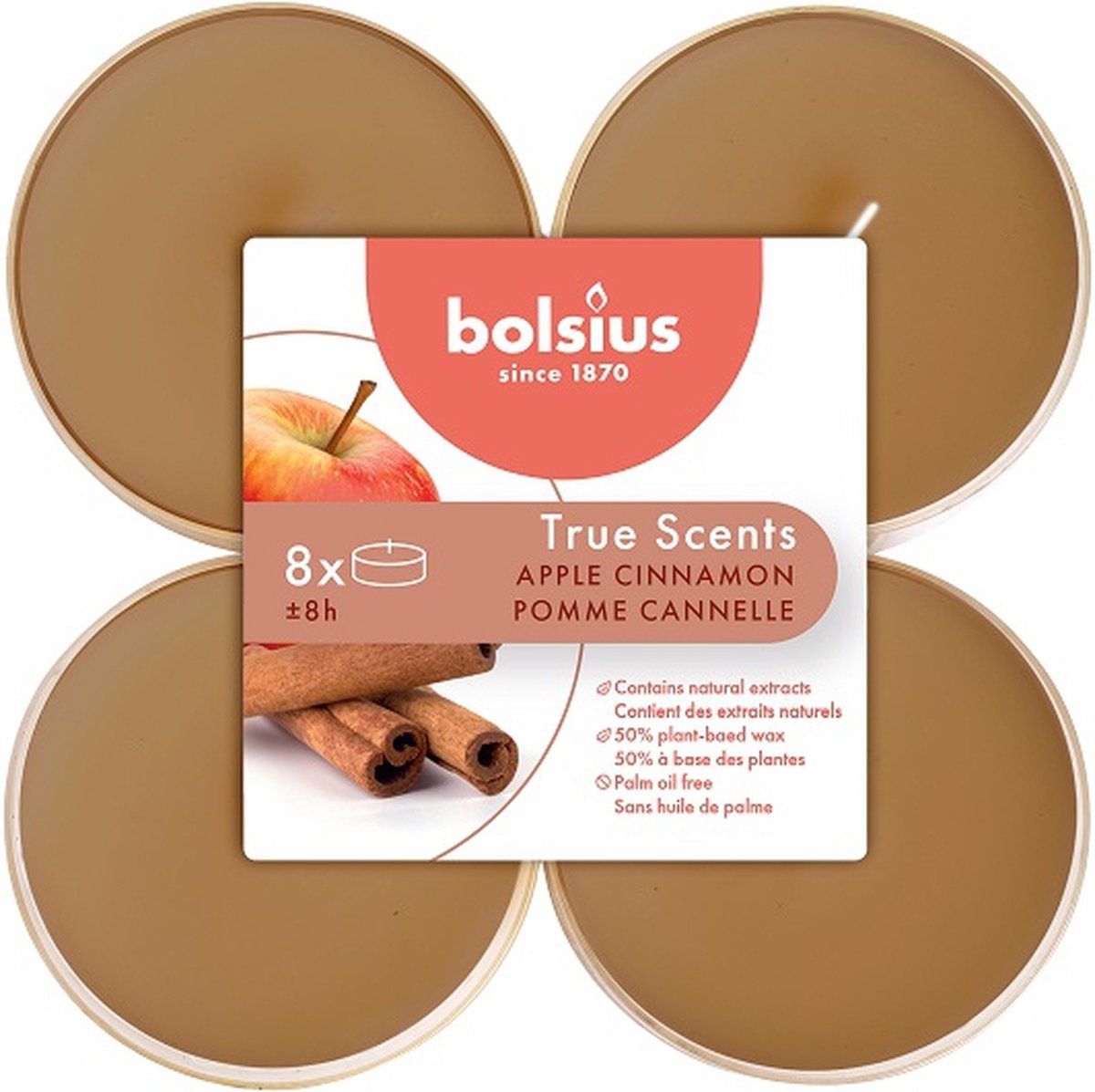 48 stuks Bolsius appel kaneel - apple cinnemon maxi geurtheelichtjes (8 uur) clear cups True Scents