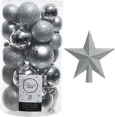 Kerstversiering kunststof kerstballen zilver 4-5-6 cm pakket van 31x stuks - Met kunststof ster piek van 19 cm