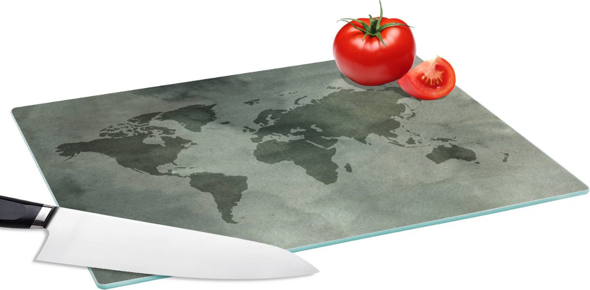 Glazen Snijplank - 39x28 - Wereldkaart - Grijs - Waterverf - Snijplanken Glas