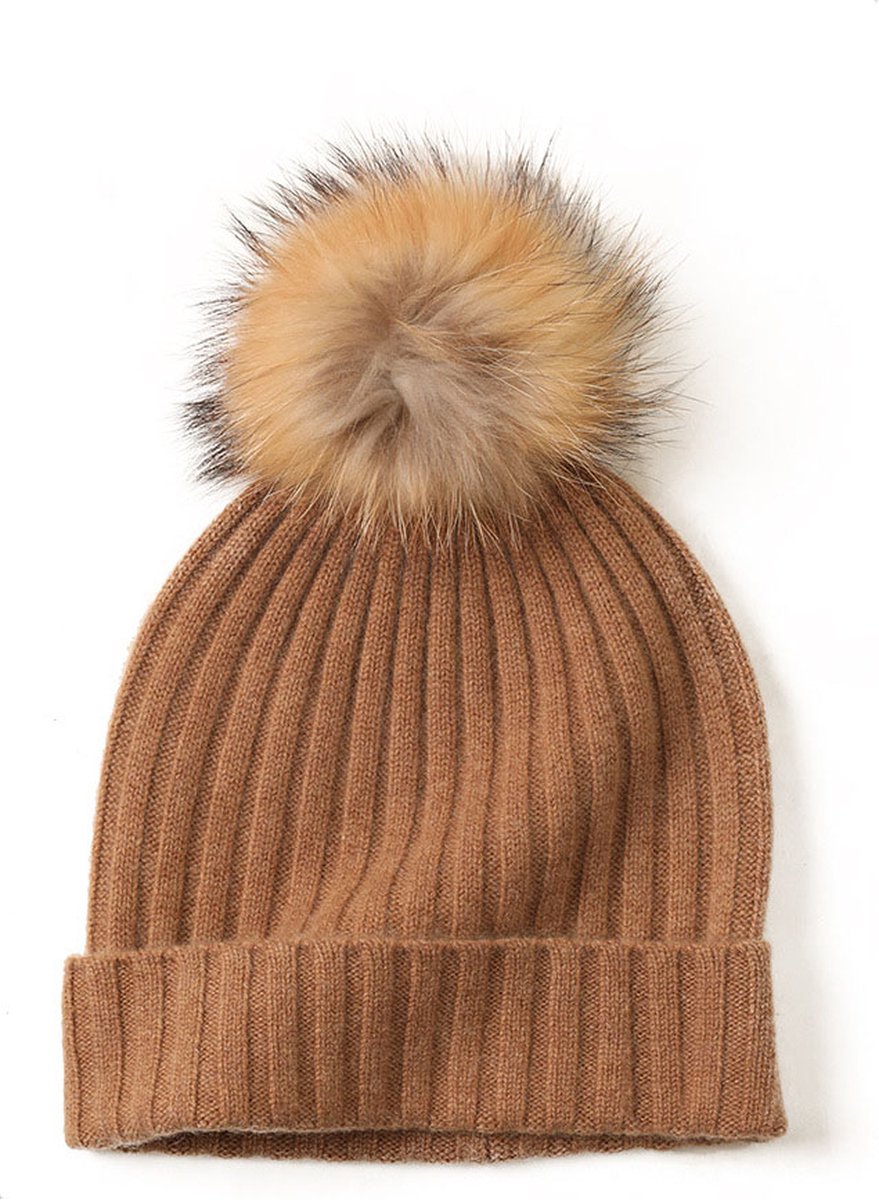 Hommard Cashmere Rib Stitch Beanie met PomPom, 100% Cashmere, heren, dames, unisex, Caramel