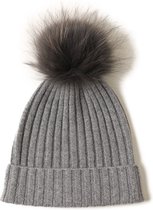 Hommard Cashmere Rib Stitch Beanie met PomPom, 100% Cashmere, Kasjmier, Luxe, heren, dames, unisex, Grey, Grijs