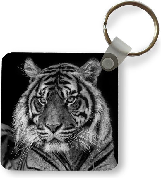 Sleutelhanger - Uitdeelcadeautjes - Dierenprofiel Sumatraanse tijger in zwart-wit - Plastic