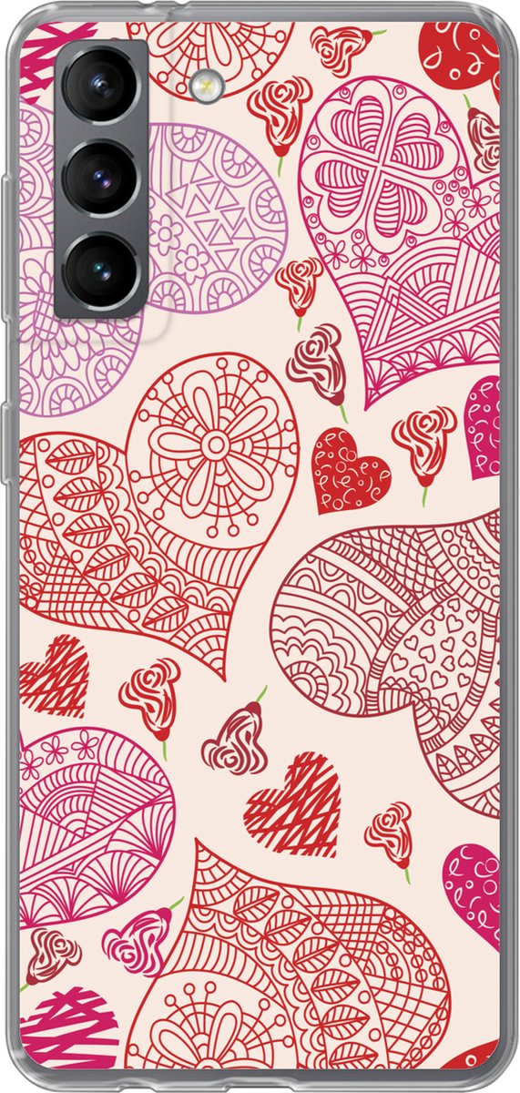 Telefoonhoesje Geschikt voor Samsung Galaxy S21 hoesje - Een illustratie met roze en rode hartjes - Siliconen Telefoonhoesje Telefoonhoesje
