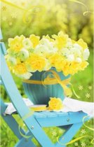 Een mooie wenskaart met gele rozen in een bloempot op een blauwe stoel. Een dubbele wenskaart inclusief envelop en in folie verpakt. Te gebruiken voor diverse gelegenheden bijv. verjaardagen, zomaar, bedankt, afscheid, beterschap, veel geluk etc.