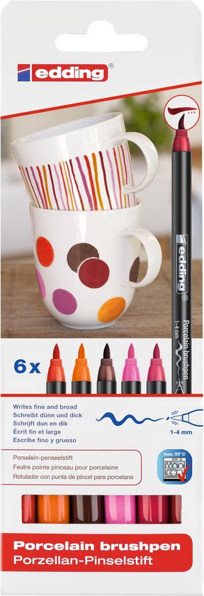 edding 4200 Feutre pointe pinceau pour porcelaine - multi-couleur - 6 stylos - pointe pinceau 1-4 mm - peindre et décorer la céramique, porcelaine - va au lave-vaisselle, encre opaque, séchage rapide