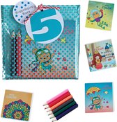 5 x Traktaties 5 jaar - Uitdeelcadeautjes - Kleurpotloden - Kleurboekjes - Set van 5 Blauwe Uitdeelzakjes Voor Kinderen - School - Kinderfeestje - Hoera 5 jaar - Bedankjes Kinderfeest - Verja