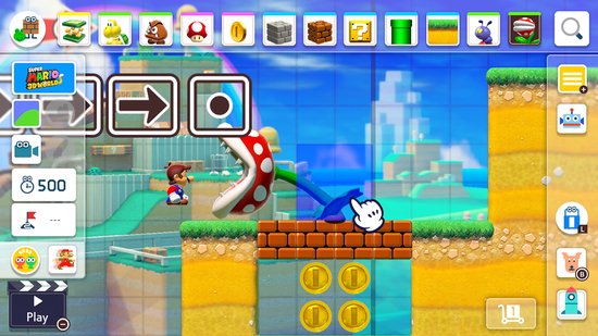 Mario springt in de lucht met wolken en metalen structuren in een 2D-platformer.