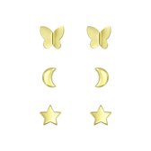 Joy|S - Zilveren oorbellen - set 3 paar - Vlinder oorbellen - Maan oorbellen - Ster oorbellen - 14k goudplating