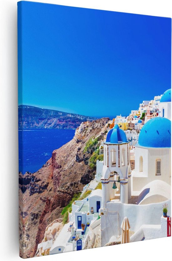 Artaza Canvas Schilderij Griekenland - 80x100 cm - Groot - Wanddecoratie Zee - Muurdecoratie Santorini - Schilderijen Op Canvas Kust