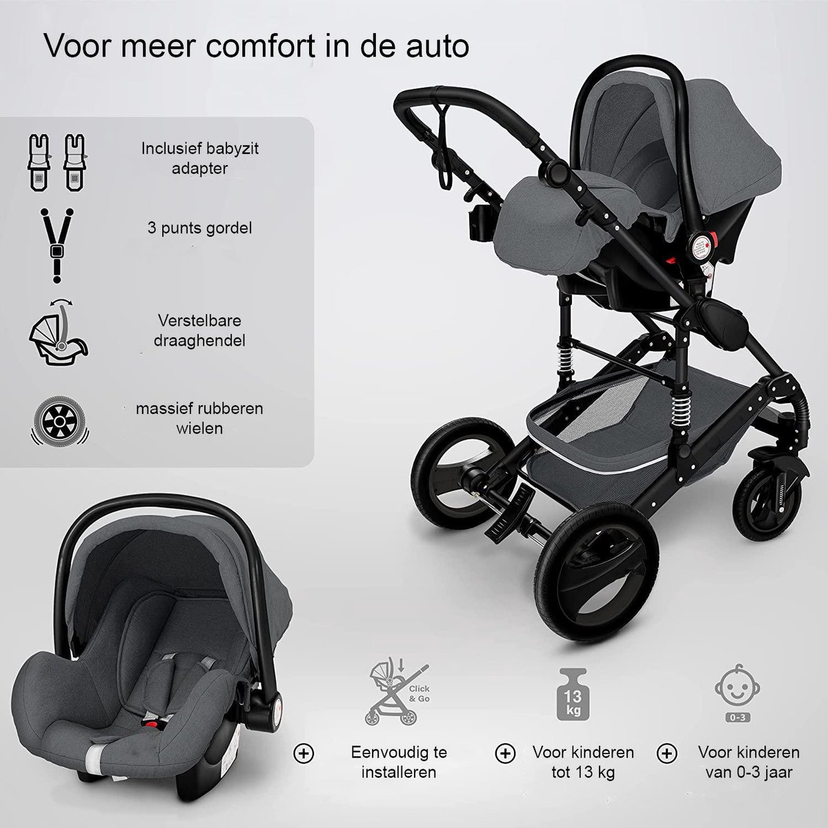 Kinderwagen 3 in 1 - inclusief accessoires - Antraciet/Zwart - afbeelding 3
