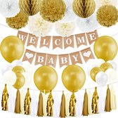 Babyshower versiering pakket voor een jongen of meisje met ballonnen en andere goudkleurige decoratie