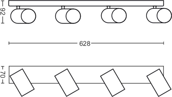 Technische tekening van een zwarte plafondspot met vier verstelbare spots, met afmetingen.