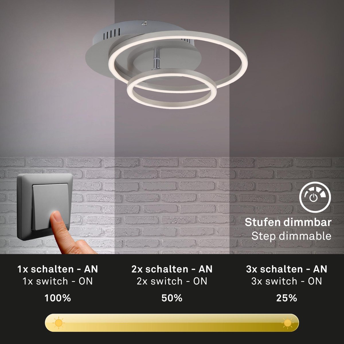 Briloner Lampen - LED-plafondlamp, plafondlamp, dimbaar, incl. geheugenfunctie, draaibaar, 3.200 lumen, mat nikkel, diameter 30 cm