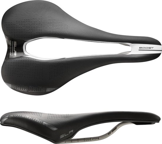 Zwart fietszadel 'Selle Italia SLR Boost Endurance' van boven en zijkant, met witte en zilverkleurige details.