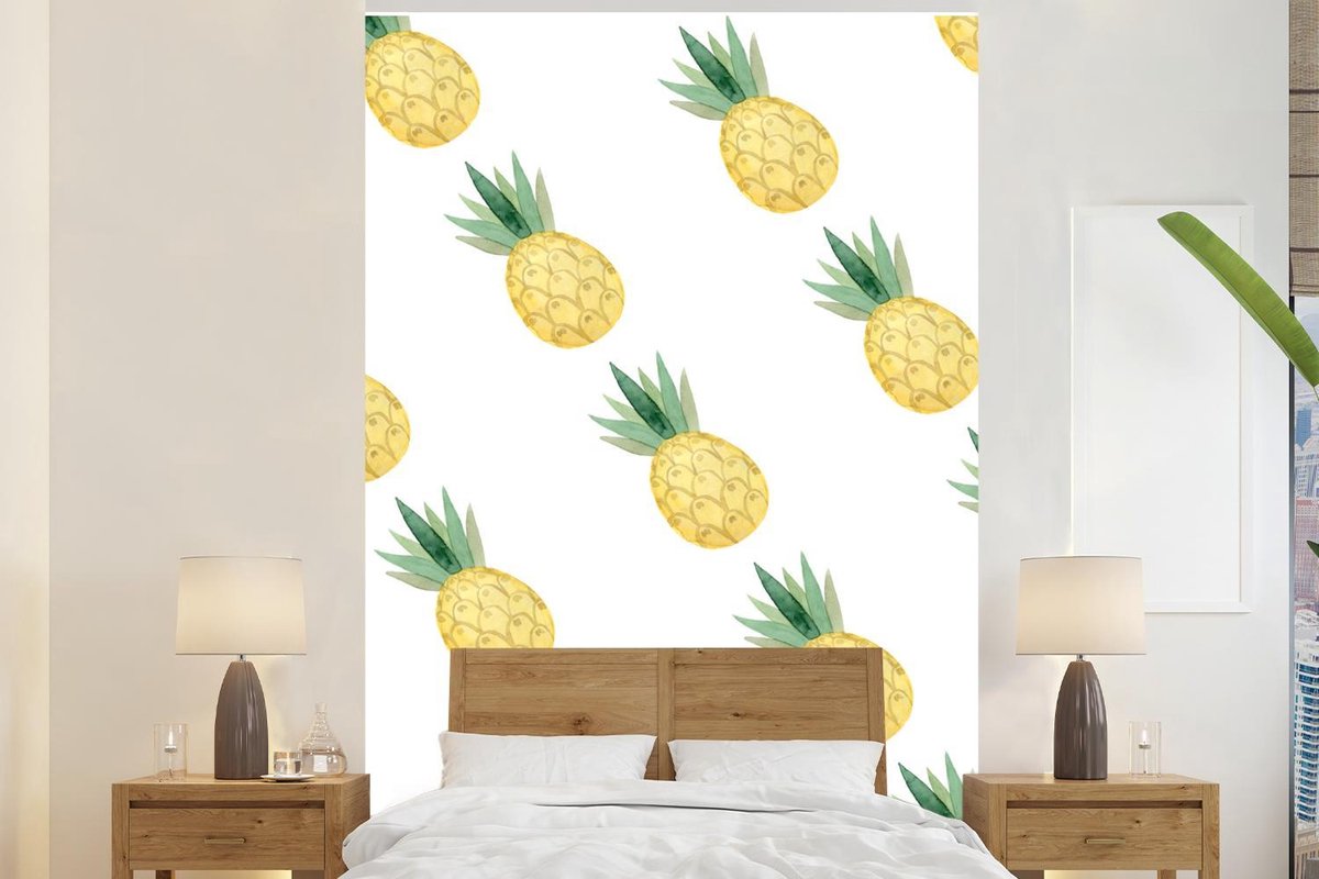 Behang - Fotobehang Ananas - Fruit - Aquarelverf - Breedte 195 cm x hoogte 300 cm