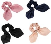 MINIIYOU® Set 4 stuks dames en meisjes haar scrunchies |navy, roze, nude, zwart| Scrunchie met lint | Elegante Scrunchie met lintjes | Haarelastiek - elastische haarband | Elastiek - wokkels 