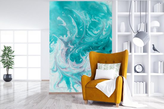 Papier peint - Papier peint photo Aquarelle - Peinture à l'huile - Turquoise - Wit - Largeur 180 cm x Hauteur 280 cm