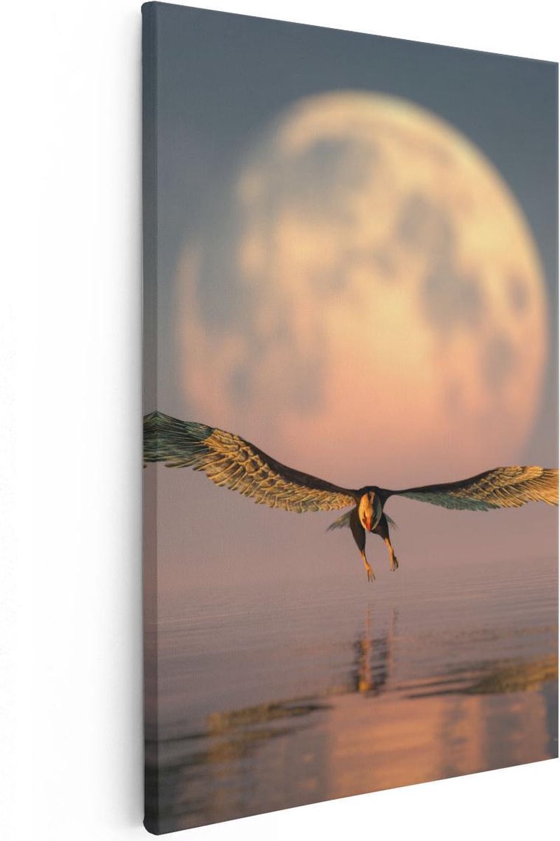 Artaza Canvas Schilderij Vogel - 60x90 cm - Wanddecoratie Zee - Muurdecoratie Volle Maan -