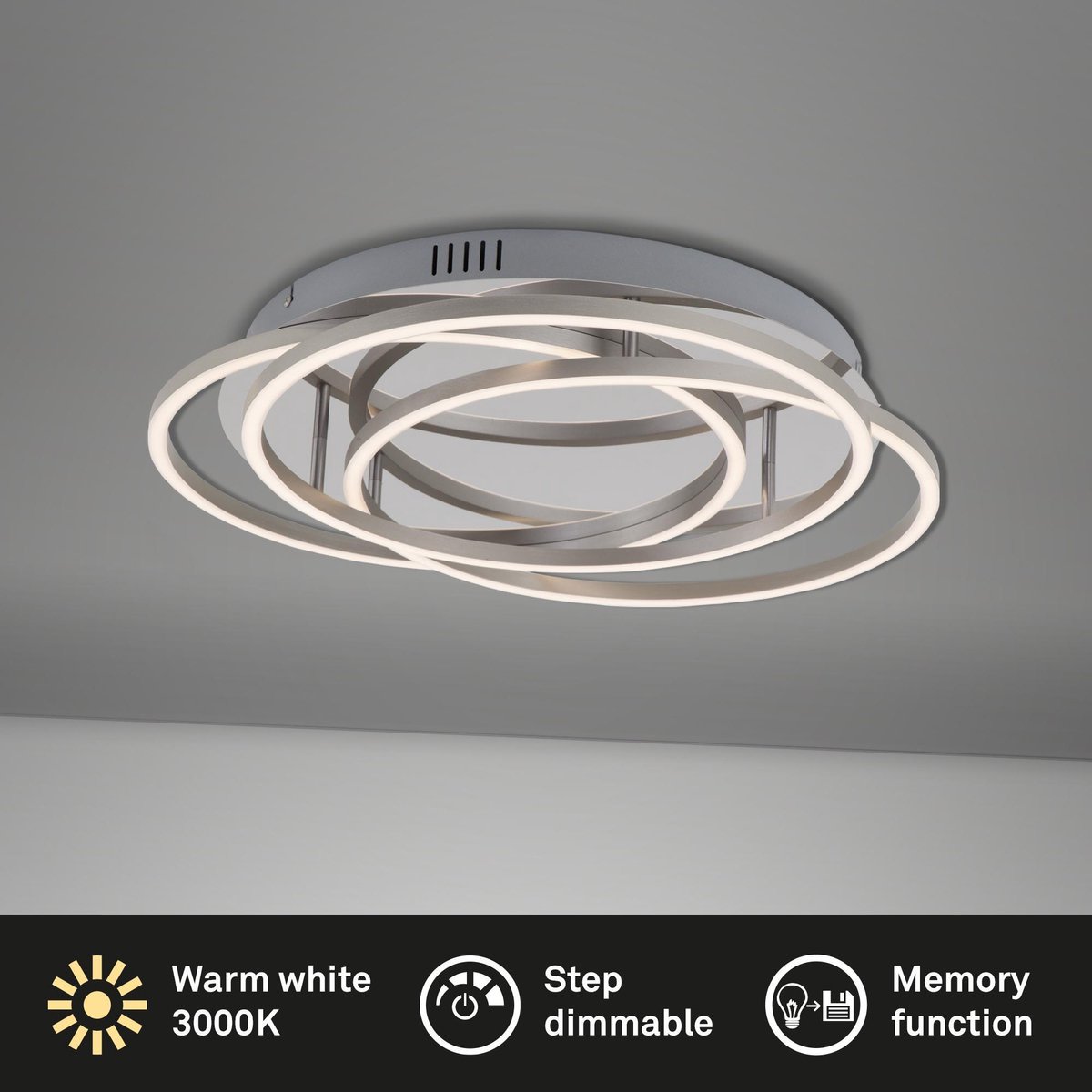 Briloner Leuchten - LED plafondlamp, plafondlamp dimbaar, incl. geheugenfunctie, 60 Watt, 4.800 lumen, 3.000 Kelvin, chroom-aluminium