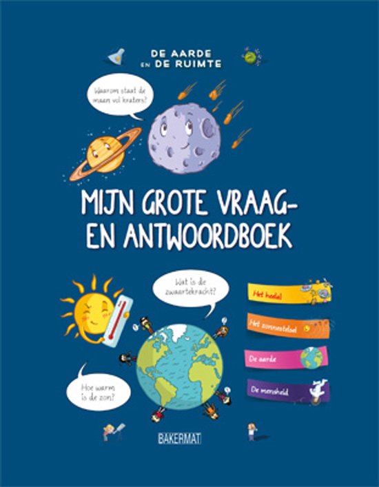Livre 'Mon grand livre de questions et réponses : La Terre et l'espace' avec des illustrations du soleil, de la lune, de la Terre, de Saturne et d'éléments spatiaux.