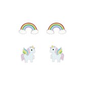 Joy|S - Zilveren eenhoorn oorbellen - set 2 paar - Regenboog oorbellen - unicorn oorbellen