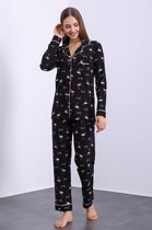 Lycra Katoen Dames Pyjamaset Zwart Flamingo print Maat M