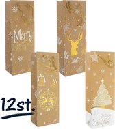 12st. stevige gouden draagtassen voor fles thema kerst papier (36x13x8)cm | zak | cadeautasje | gift bag | verpakking | gedraaid koord greep