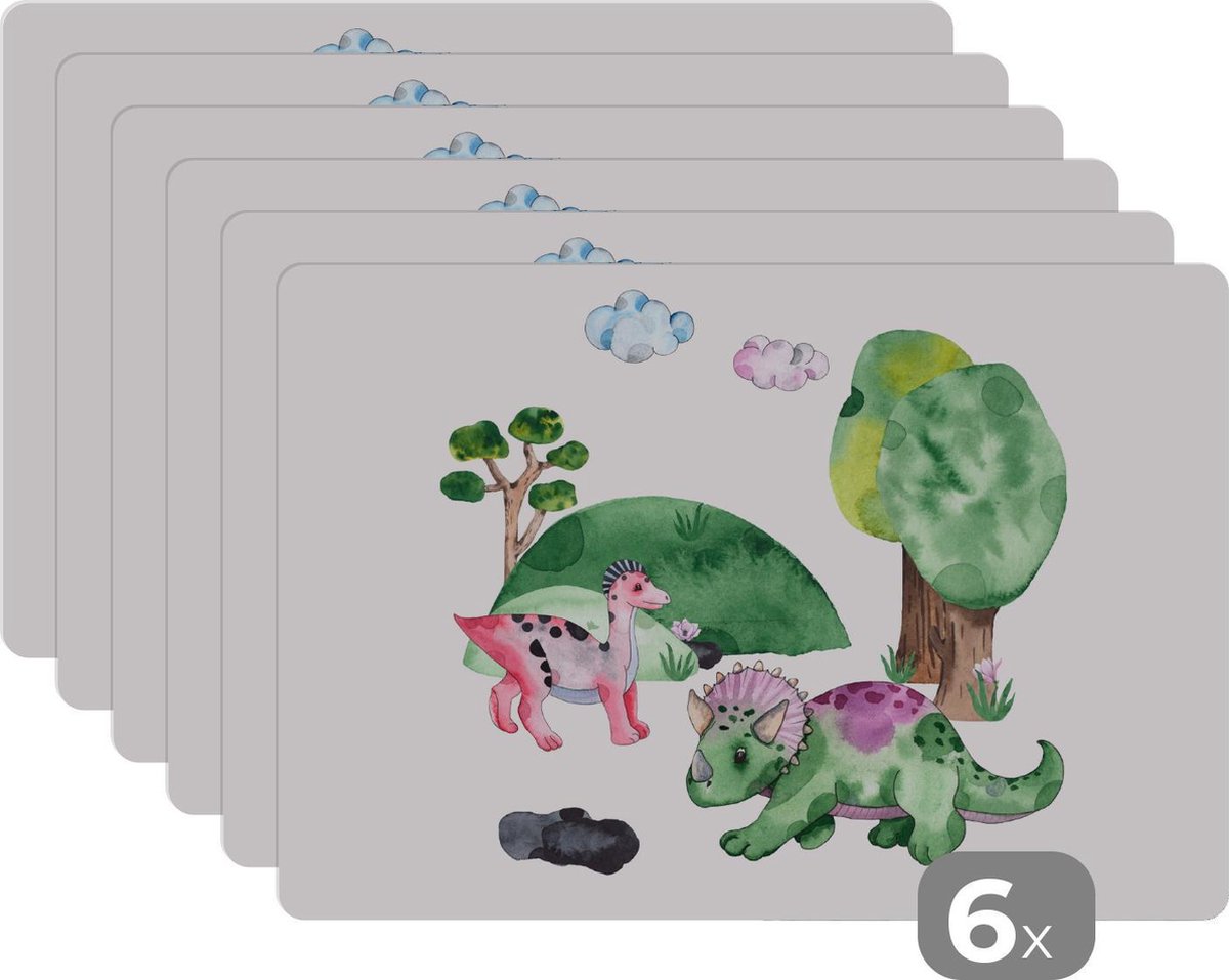 Placemat - Placemats kunststof - Kinderkamer - Tekening - Dinosaurus - Jongens - Meisjes - Kids - 45x30 cm - 6 stuks - Hittebestendig - Anti-Slip - Onderlegger - Afneembaar