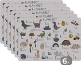 Placemat kinderen - Placemat - Placemats kunststof - Kinderkamer - Letters - Dinosaurus - Jongens - Meisjes - Kinderen - 45x30 cm - 6 stuks - Hittebestendig - Anti-Slip - Onderlegger - Afneembaar