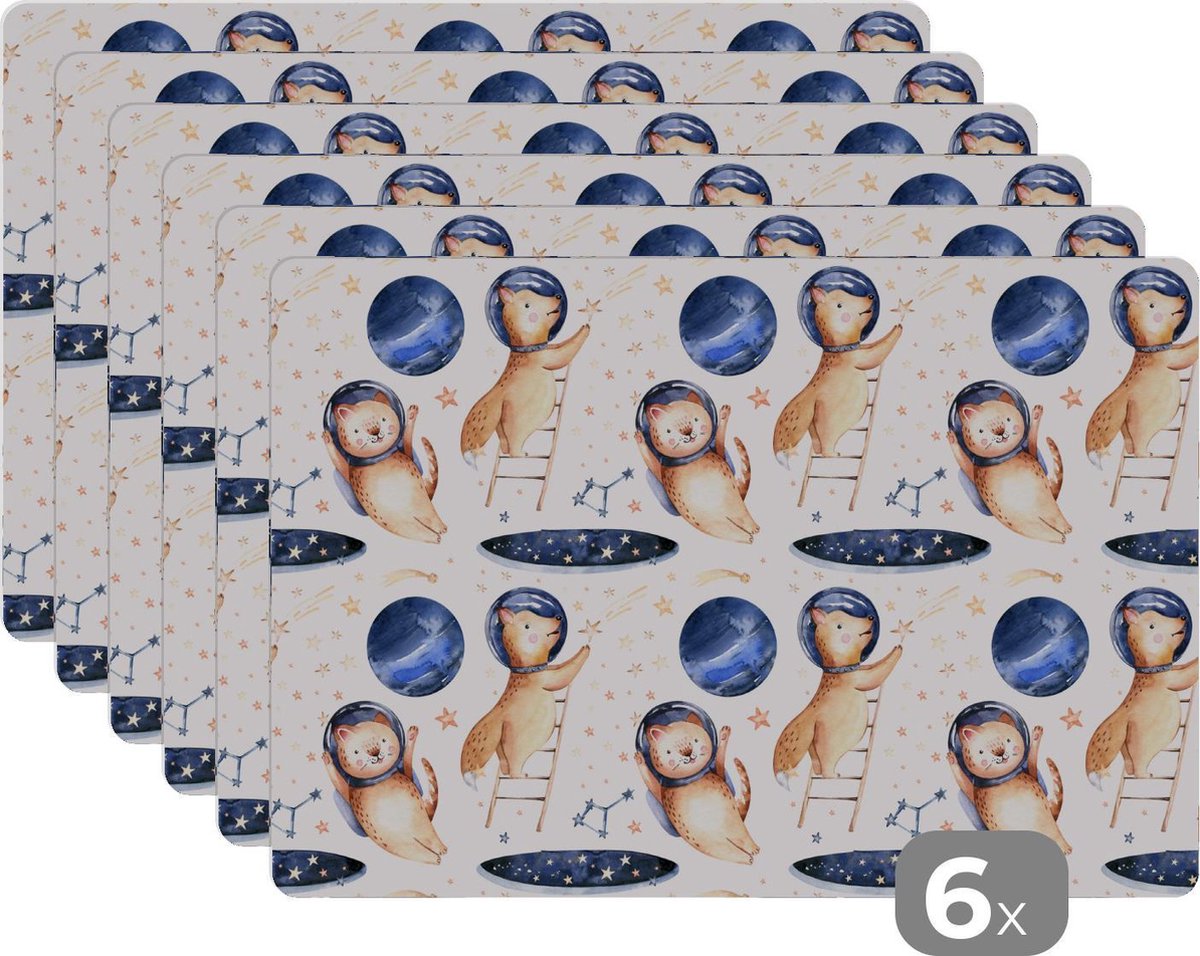 Placemat kinderen - Placemat - Placemats kunststof - Kat - Vos - Sterren - Jongens - Meisjes - Kinderen - Kids - 45x30 cm - 6 stuks - Hittebestendig - Anti-Slip - Onderlegger - Afneembaar