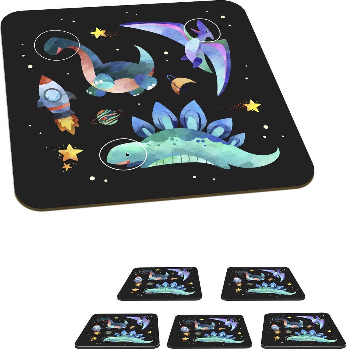 Onderzetters voor glazen - Dinosaurus - Raket - Kinderen - Meisjes - Jongetje - Kinderen - Kids - 10x10 cm - Glasonderzetters - 6 stuks