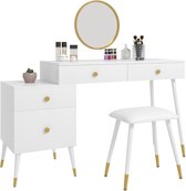 Dakta ® Luxe Make-Up Tafel met Spiegel | 4 lades | Wit en goud | met Krukje | Kaptafel
