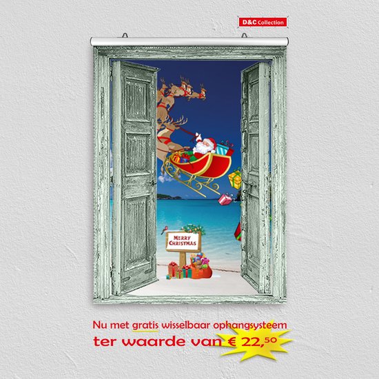 D&C Collection - poster - kerst poster - 60x80 cm - doorkijk - open groene deuren Tropisch kerst strand met Santa Claus- winter poster - kerst decoratie- kerstinterieur - kerst wanddecoratie