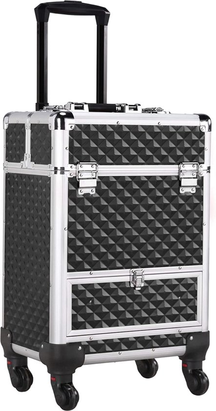 Monkey's Aluminium Kapperskoffer - Zwart - Beauty Case - Cosmeticakoffer - Make-upkoffer - Trolley - 360 Graden Wielen - 34 x 24 x 55.5 cm