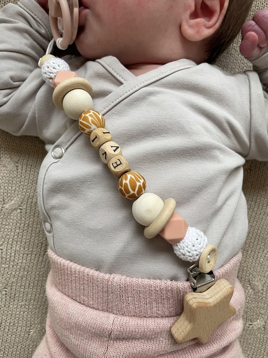 Babybeads - Speenkoord met naam - Limited edition lichtroze met dierenprint - Gepersonaliseerd kraamcadeau