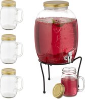 Relaxdays limonadetap set - 4 drinkglazen met deksel - drankdispenser met tapkraan - 8,5 l
