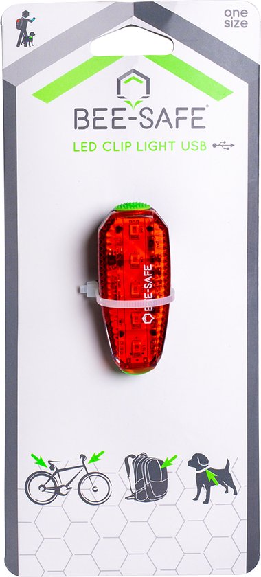 Verpakking met een rode BEE-SAFE LED clip-on lamp, "one size", USB.