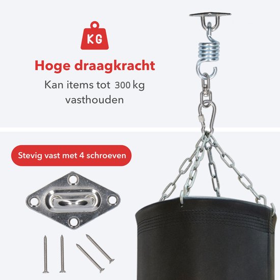 Close-up van een bokszak bevestigd aan een plafondhaak. De tekst "Stevig vast met 4 schroeven" is zichtbaar.