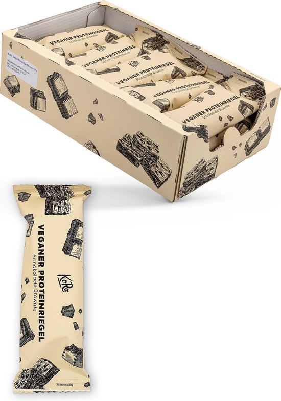 Doos met "Veganer Proteinriegel Schokolade Brownie" repen, deels open. Een enkele reep met illustraties ligt voor de doos.