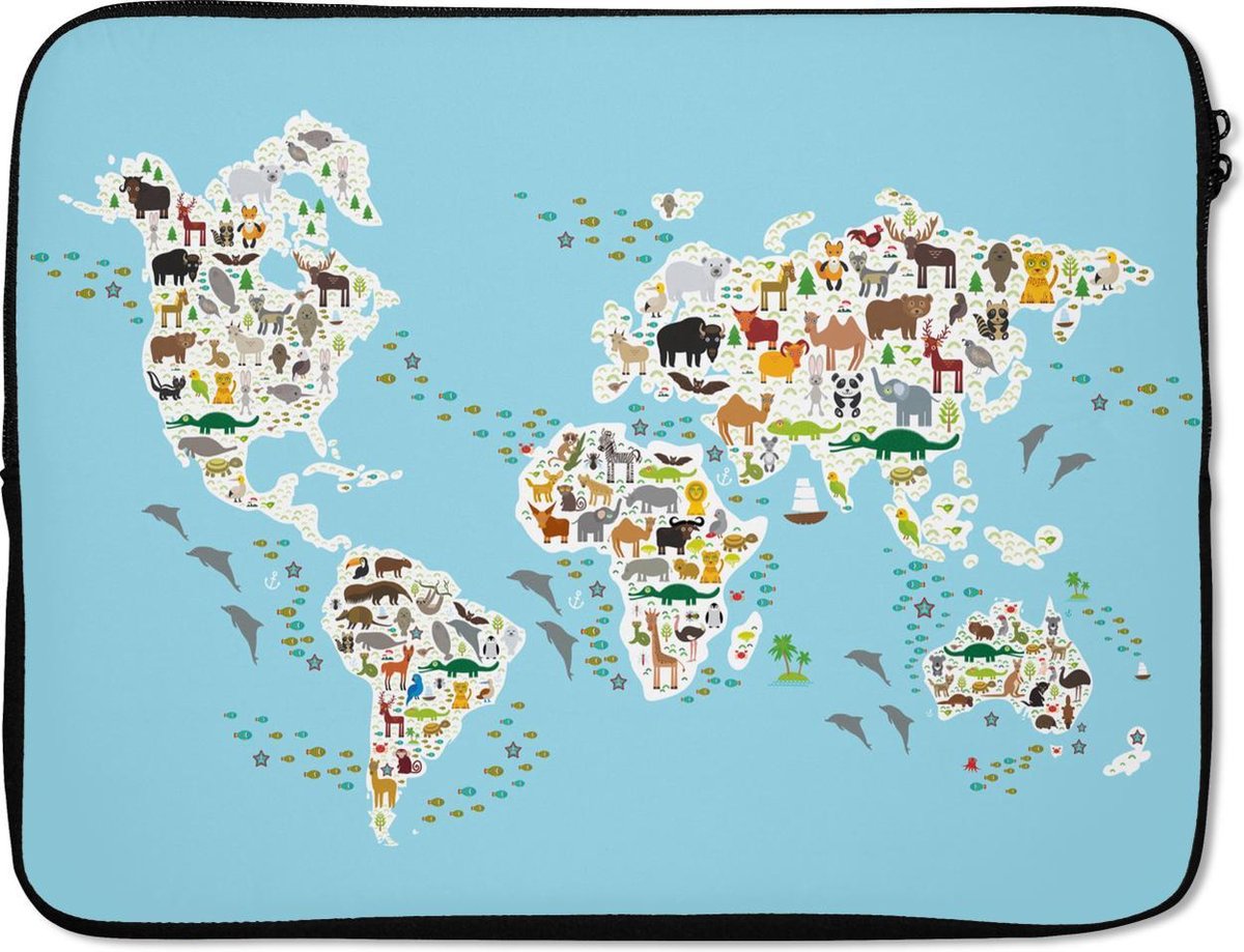 Laptophoes 15.6 inch - Wereldkaart kinderen - Dieren - Kleuren - Laptop sleeve - Binnenmaat 37x26 cm - Zwarte achterkant