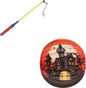 Ronde lampion 25 cm spookhuis met lampionstokje - Halloween trick or treat lampionnen versiering