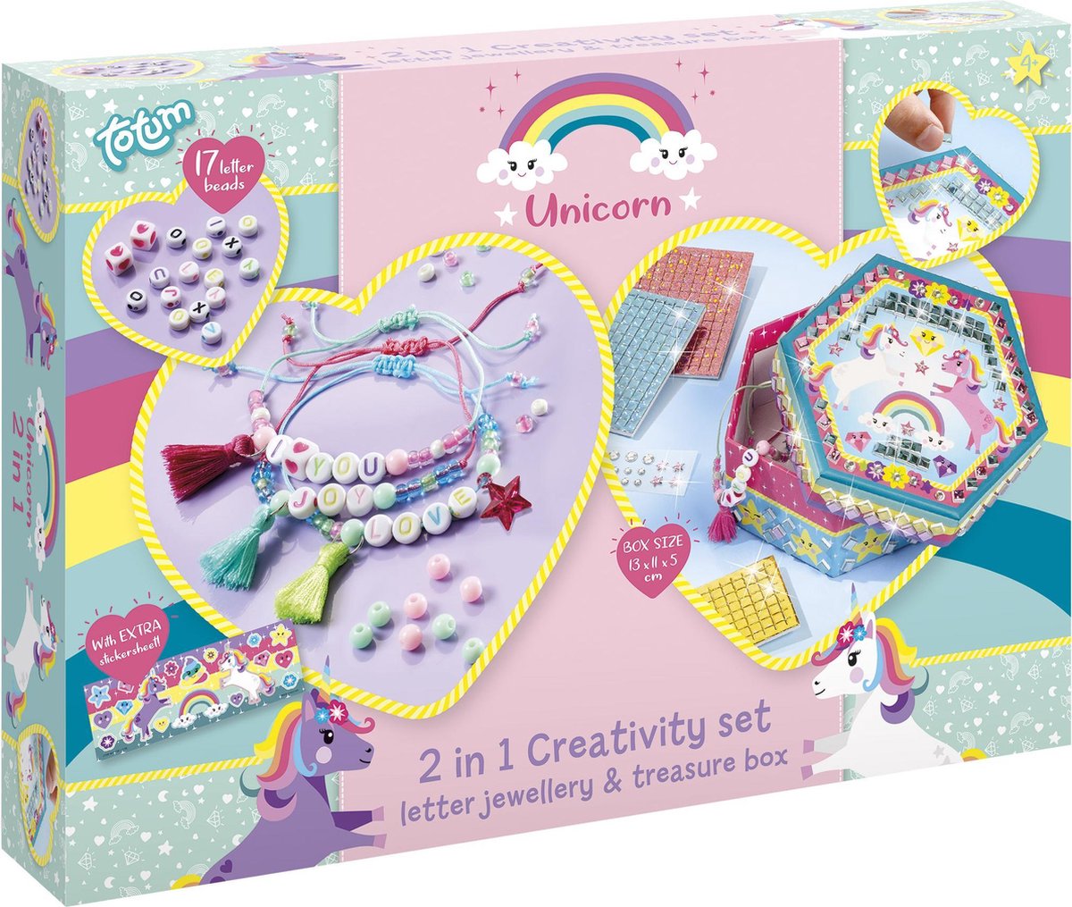 Totum Unicorn - knutselen - 2 in 1 set 3 letterarmbandjes en diamond paint sieradendoosje versieren met mozaïek stickers - cadeau tip