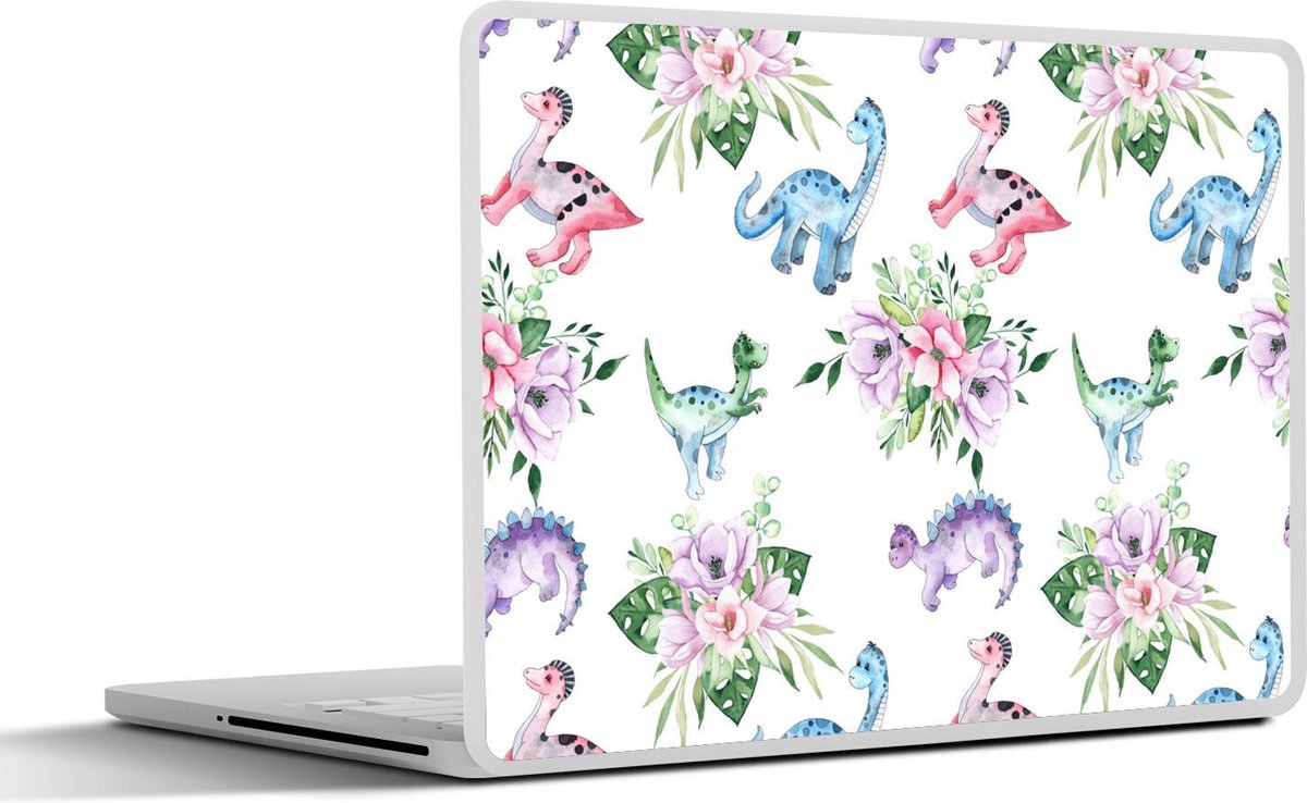 Laptop sticker - 11.6 inch - Dinosaurus - Kinderkamer - Bloemen - Meisjes - Kinderen - Roze - Kindje - 30x21cm - Laptopstickers - Laptop skin - Cover