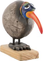 Crazy Clay Comix Cartoon - vogel - beeld - Kiwi - blauw - uniek handgeschilderd - massief beeld - op houten voet